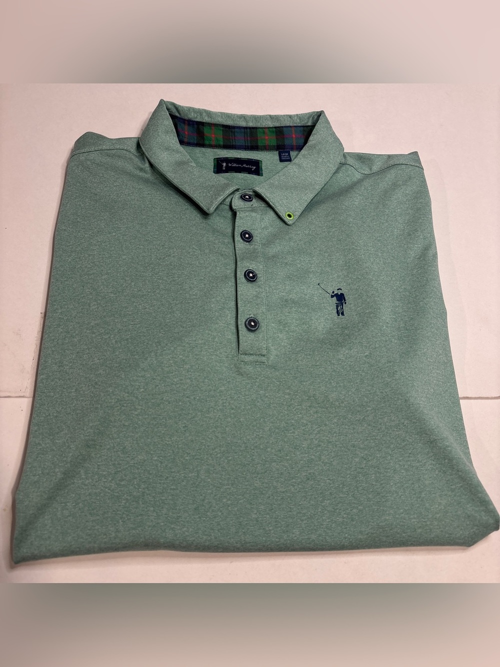 William Murray Short Sleeve Golf Polo Shirt Mens Large Green Plaid Collar